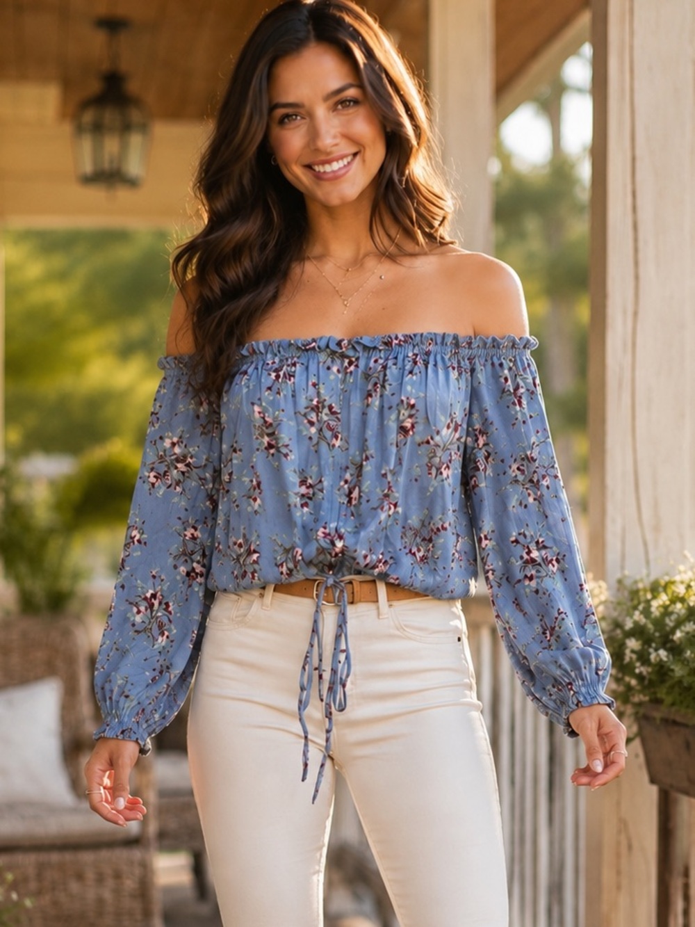 fab'rik Floral Off-the-Shoulder Tie-Front Peasant Blouse - Women’s Size Medium